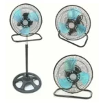 VENTILADOR 3 EN 1 PARED/MESA/PIE 10" KANJIHOME 96CM 60W, 3 PALETAS DE METAL, 3 VELOCIDADES, BASE CIRCULAR