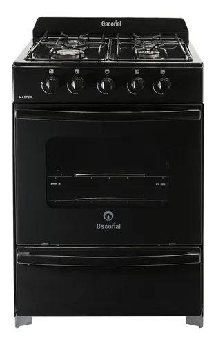 COCINA ESCORIAL MASTER, CLASSIC NEGRA, REJA HORNO ESMALTADA, PUERTA HORNO VIDRIO, GAS ENVASADO, MEDIDAS 95X51X60
