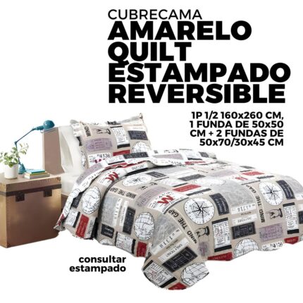 CUBRECAMA AMARELO QUILT ESTAMPADO REVERSIBLE 1 1/2 160X260 CM, 1 FUNDA DE 50X50 CM + 2 FUNDAS DE 50X70/30X45 CM