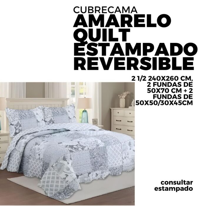 CUBRECAMA AMARELO QUILT ESTAMPADO REVERSIBLE 2 1/2 240X260 CM, 2 FUNDAS DE 50X70 CM + 2 FUNDAS DE 50X50/30X45CM - Imagen 1
