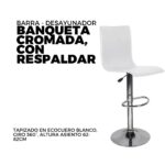 BANQUETA CROMADA, CON RESPALDAR, TAPIZADO EN ECOCUERO BLANCO, GIRO 360°, ALTURA ASIENTO 62-82CM