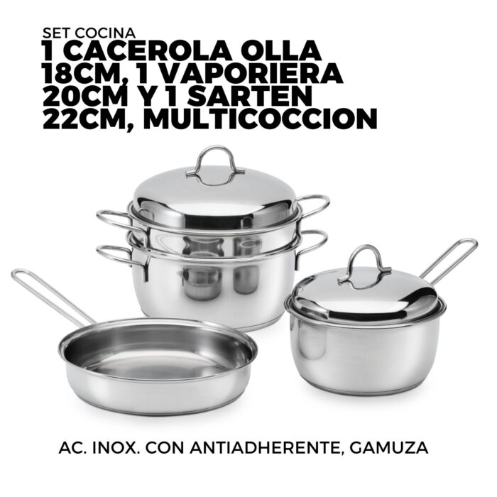 SET 1 CACEROLA OLLA 18CM, 1 VAPORIERA 20CM Y 1 SARTEN 22CM, MULTICOCCION AC. INOX. CON ANTIADHERENTE, GAMUZA - Imagen 1