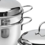 SET 1 CACEROLA OLLA 18CM, 1 VAPORIERA 20CM Y 1 SARTEN 22CM, MULTICOCCION AC. INOX. CON ANTIADHERENTE, GAMUZA - Imagen 3