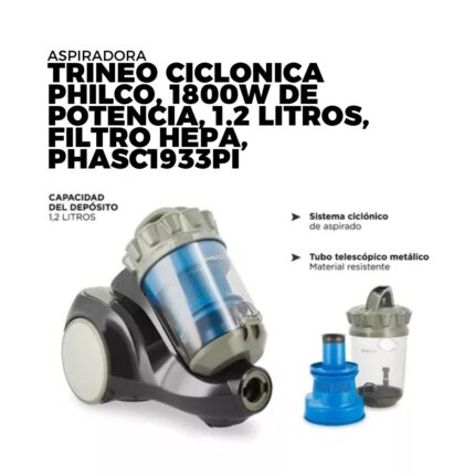 ASPIRADORA TRINEO CICLONICA PHILCO, 1800W DE POTENCIA, 1.2 LITROS, FILTRO HEPA