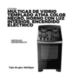 COCINA MULTIGAS DE VIDRIO TEMPLADO ATMA COLOR NEGRO, HORNO CON LUZ INTERIOR, ENCENDIDO ELECTRICO, MEDIDAS 56X88X68CM