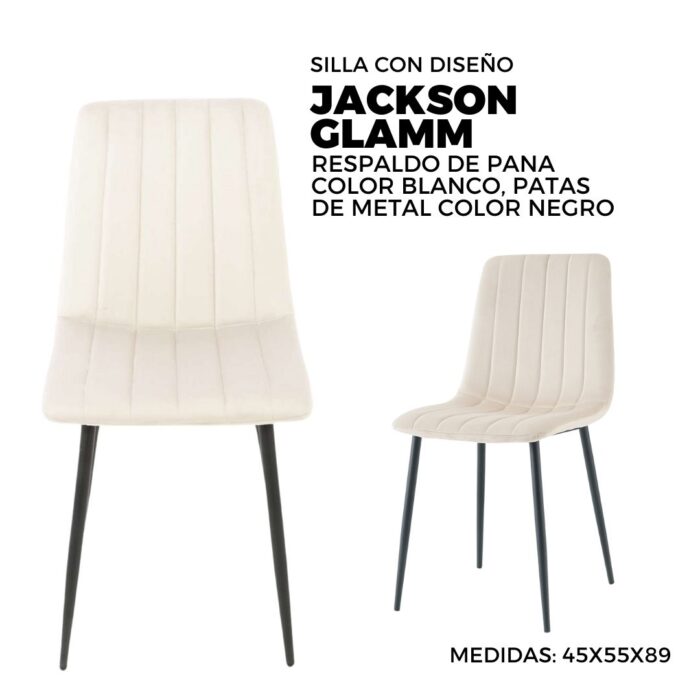 SILLA DISEÑO, JACKSON GLAMM, RESPALDO DE PANA COLOR BLANCO, PATAS DE METAL COLOR NEGRO, MEDIDAS: 45X55X89 - Imagen 1