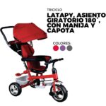 TRICICLO LATAPY, ASIENTO GIRATORIO 180°, CON MANIJA Y CAPOTA, COLORES VIOLETA, GRIS Y ROJO