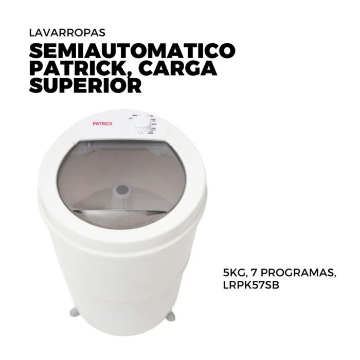 LAVARROPAS SEMIAUTOMATICO PATRICK, CARGA SUPERIOR, 5KG, 7 PROGRAMAS, LRPK57SB - Imagen 1