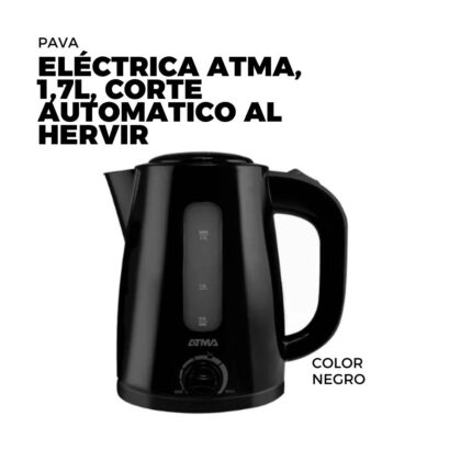 PAVA ELÉCTRICA ATMA, 1,7L, CORTE AUTOMÁTICO AL HERVIR, COLOR NEGRA