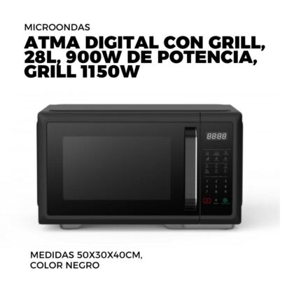 MICROONDAS ATMA DIGITAL CON GRILL, 28L, 900W DE POTENCIA, GRILL 1150W, MEDIDAS 50X30X40CM, COLOR NEGRO